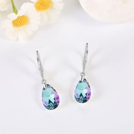 925 Sterling Silver Teardrop Purple Blue Aurora Borealis Crystals Leverback Earrings