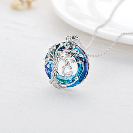 925 Sterling Silver Blue Crystal Tree of Life Initial Necklace Family Letter Pendant Birthday Mother s Day Gifts for Her