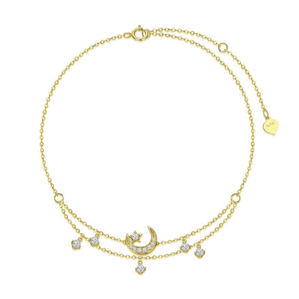 14K Gold Crescent & Stars Charm Ankle Anklets for Women - Beach Foot s