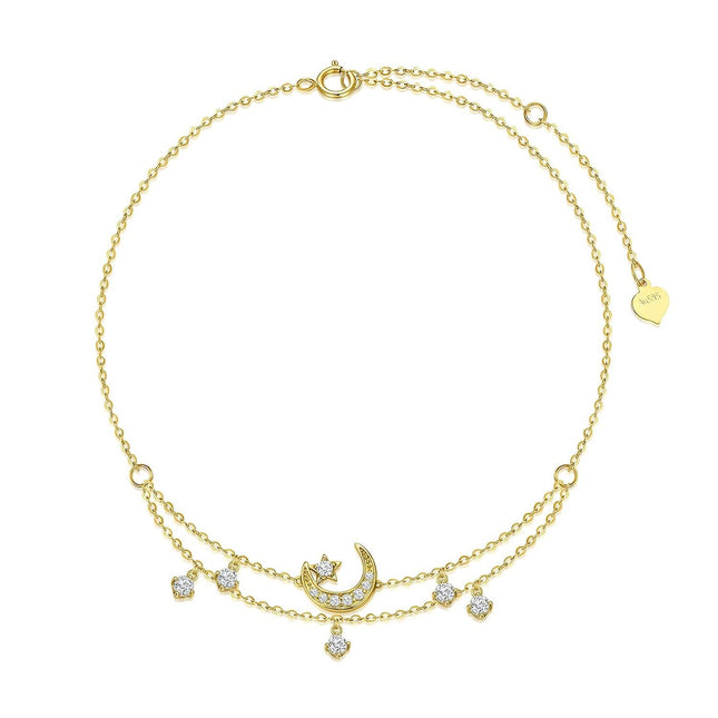 14K Gold Crescent & Stars Charm Ankle Anklets for Women - Beach Foot s