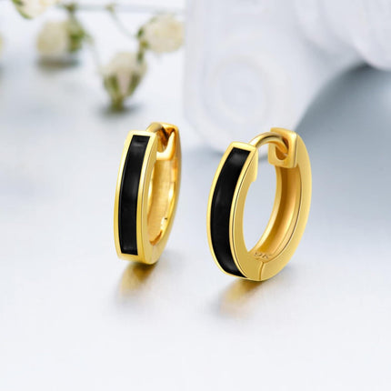 14K Gold Black Onyx Inlay Small Hoop Earrings (Huggies) - 3/8 Diameter
