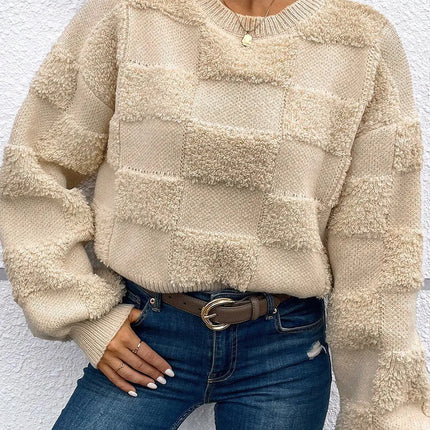 Checkered Round Neck Dropped Shoulder Sweater