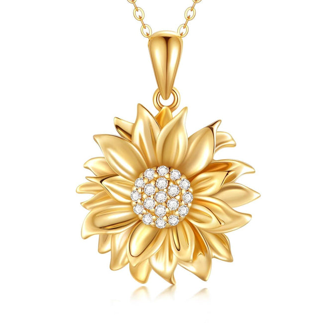 14K Gold  Sunflower Pendant Necklace with Cubic Zirconia Stones - Elegant Floral s for Her