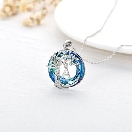 925 Sterling Silver Blue Crystal Tree of Life Initial Necklace Family Letter Pendant Birthday Mother s Day Gifts for Her