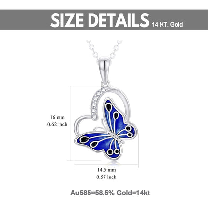 14K White Gold Natural Diamond & Blue Butterfly Dainty Heart Pendant Necklace for Women, Nickel-Free, 16 1.8g, Gift for Her
