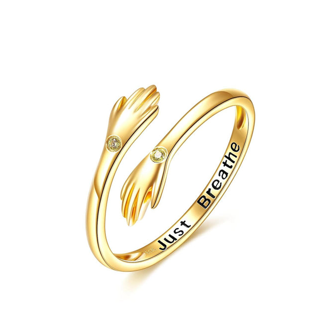 18K Gold Plated Hand Shape Open Adjustable Ring with Just Breathe Engraving - Valentines Day Gifts for Her