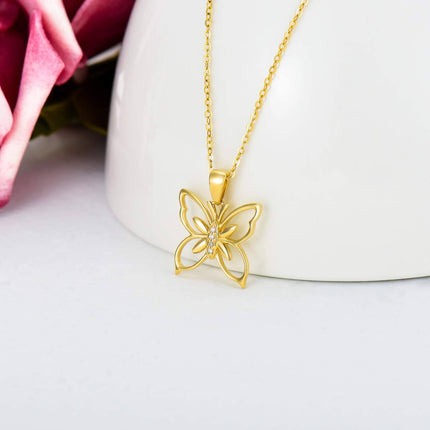 14K Gold Natural Diamond Butterfly Pendant Necklace 16+2 inch Chain for Women