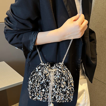 Sequin Chain Drawstring Bucket Bag