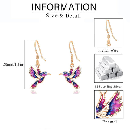 925 Sterling Silver Purple & Blue Enamel Hummingbird Dangle Drop Earrings for Women