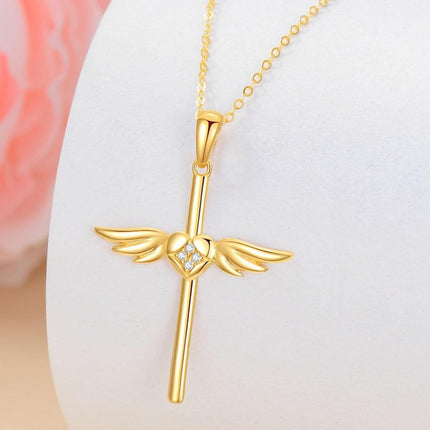 14K Gold Angel Wing Heart Faith Cross Pendant Necklace for Women - Baptism Gift for Mom or Wife