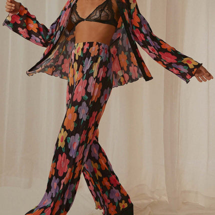 Printed Collared Neck Long Sleeve Top and Pants Lounge Set