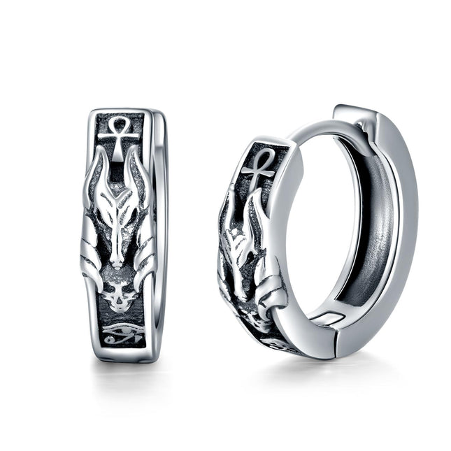 925 Sterling Silver Ankh Symbol Flame Design Huggie Earrings 8mm Diameter