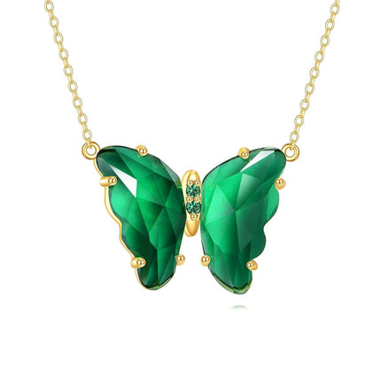 14K Gold Butterfly Green Crystal Pendant Necklace 18 Chain s for Her