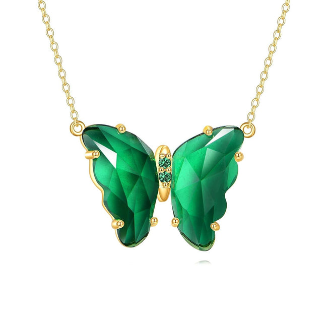 14K Gold Butterfly Green Crystal Pendant Necklace 18 Chain s for Her