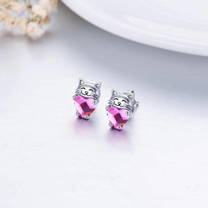 925 Sterling Silver Pink Heart Cat Stud Earrings - Adorable Kitty  for Girls & Women