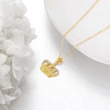 14K Gold Diamond Pearl Crown Pendant Necklace for Women