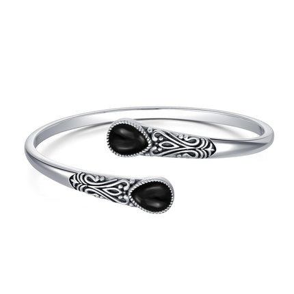 925 Sterling Silver Black Onyx Gemstone Adjustable Bohemian Cuff Bracelet