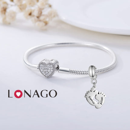925 Sterling Silver Personalized Feet Charm Fit for Bracelet Custom Name Bead Gift for Women Birthday