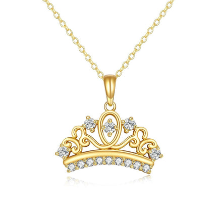 14K Gold Crystal Tiara Crown Pendant Necklace for Women's s