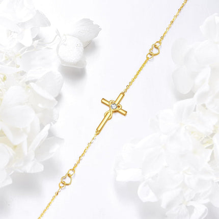 14K Gold Infinity Heart Cross CZ Charm Bracelet for Women Adjustable Religious s