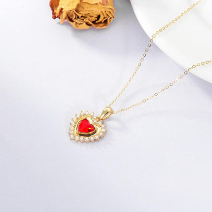 14K Gold Red Crystal Heart Pendant Necklace for Women - Valentine's Day s