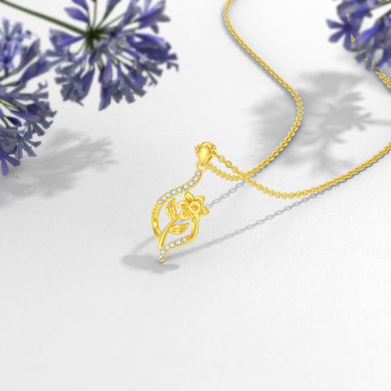 14K Gold Floral Pendant Necklace with Cubic Zirconia and Chain - Birthday s for Her