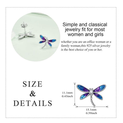 925 Sterling Silver Purple Blue Enamel Dragonfly Stud Earrings  for Women