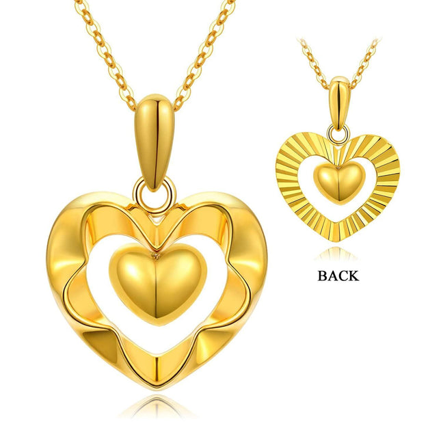 18K Yellow Gold Diamond-Cut Open Heart Pendant Necklace with Sparkling Diamond Surface, Hypoallergenic, Gift Box