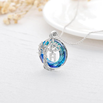 925 Sterling Silver Blue Crystal Tree of Life Initial Necklace Family Letter Pendant Birthday Mother s Day Gifts for Her
