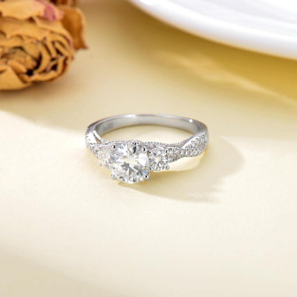 10K/14K/18K Platinum Plated Silver Moissanite Engagement Ring, 1.5ct Round Trio Stone, Cathedral Style, Size 3.5-12, Gift for Wedding/Anniversary