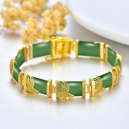 925 Sterling Silver 925 Green Jade Bracelet with Intricate Design Elements - Fashionable and Elegant Jewelry Accessory