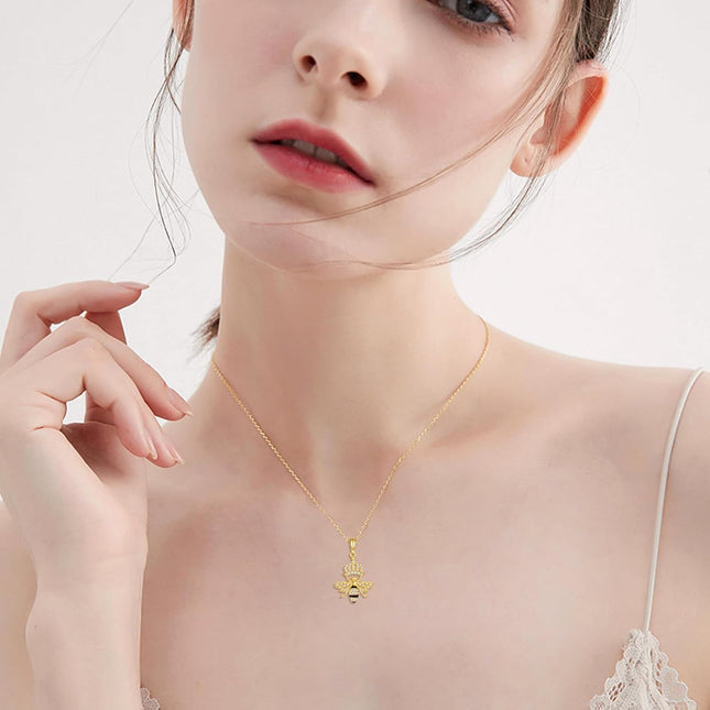14K Gold Queen Bee Pendant Necklace with Crystal Crown and Honeycomb Design for Women's s