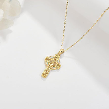 14K Gold Celtic Knot Opal Cross Pendant Necklace for Women