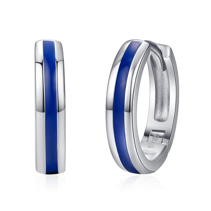 925 Sterling Silver Blue Opal Inlay Huggie Hoop Earrings for Men & Women