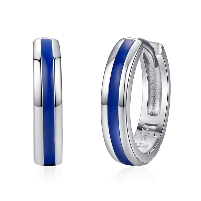 925 Sterling Silver Blue Opal Inlay Huggie Hoop Earrings for Men & Women