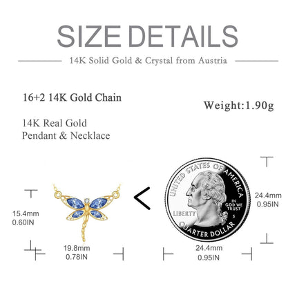 14K Gold Blue Crystal Dragonfly Butterfly Pendant Necklace for Women