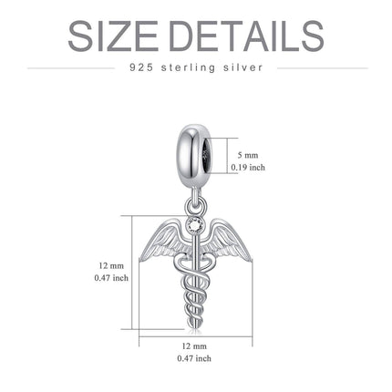 S925 Sterling Silver & Austria Clear White Crystal Caduceus Charm Bracelet for Medical Professionals, Nurses, Doctors - Hypoallergenic, Lead & Nickel Free Jewelry Gift (12mm)