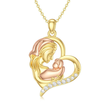 14K Gold Mother and Child Pendant Necklace with Cubic Zirconia - Gift for Mom/Wife/Grandma (18 Inches)