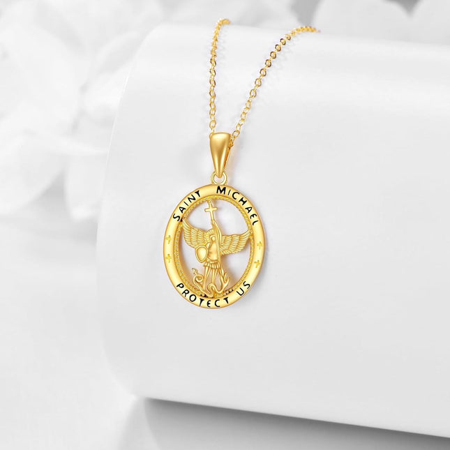 14K Gold Saint Michael Pendant Protection Charm Necklace Gifts for Her Valentines Day Mother's Day