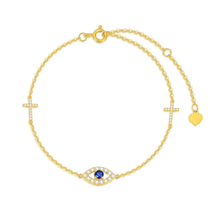 14K Gold Cross & Heart Charm Evil Eye Adjustable Bracelet (Size: S/M/L/XL)