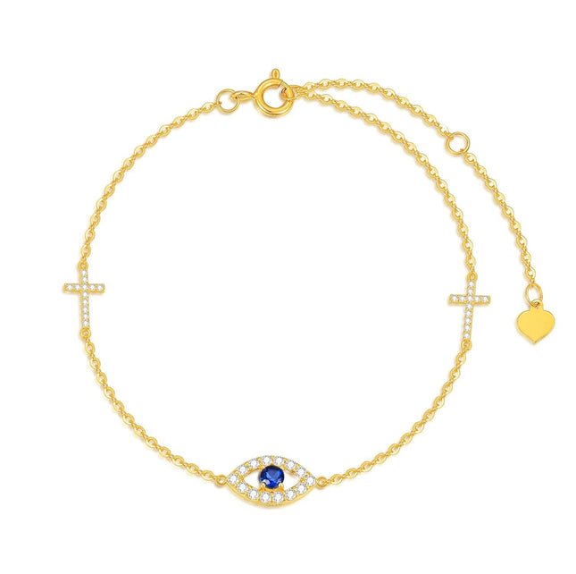 14K Gold Cross & Heart Charm Evil Eye Adjustable Bracelet (Size: S/M/L/XL)