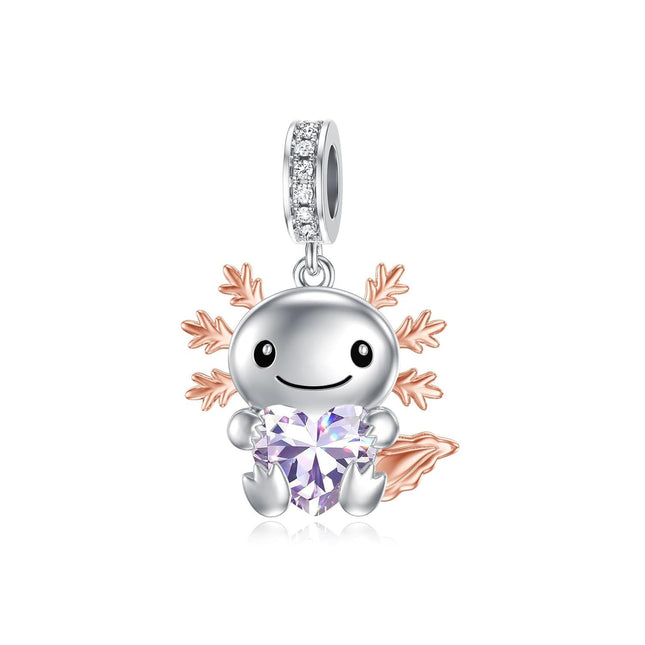 925 Sterling Silver Axolotl Charm with Purple Heart Birthstone Bead for Bracelets Jewelry Making Gifts for Women