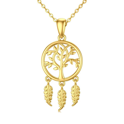 14K Gold Tree of Life Dreamcatcher Feather Pendant Necklace for Women