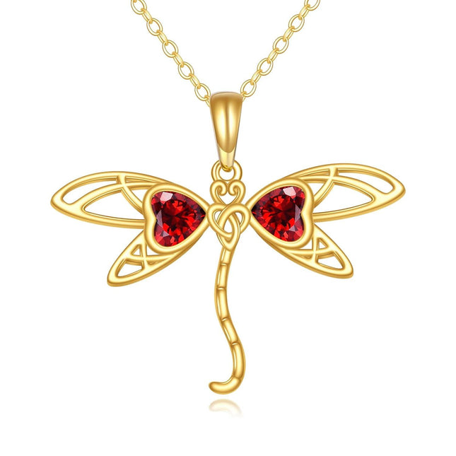 14K Gold Red Crystal Dragonfly Butterfly Pendant Necklace for Women