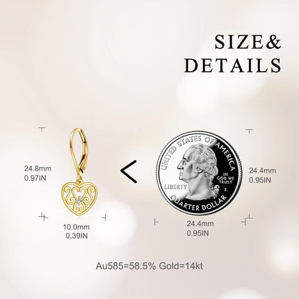 14K Gold Filigree Heart Shape Dangle Drop Leverback Earrings for Women