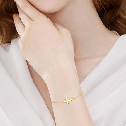 14K Gold Sideways Cross CZ Star Charm Chain Link Bracelet for Women Adjustable Religious s