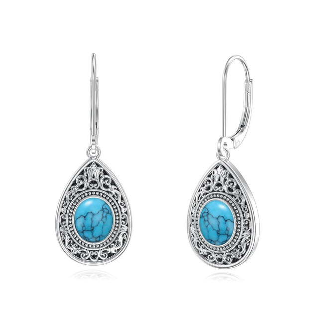 925 Sterling Silver Genuine Turquoise Teardrop Filigree Leverback Dangle Earrings