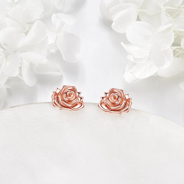 Rose Gold 925 Sterling Silver Rose Stud Earrings - Birth Flower  for Women