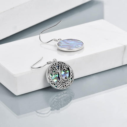 925 Sterling Silver Abalone Shell Celtic Tree Of Life Drop Earrings
