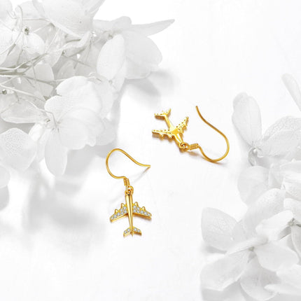 14K Gold Airplane Dangle Earrings with Cubic Zirconia for Women